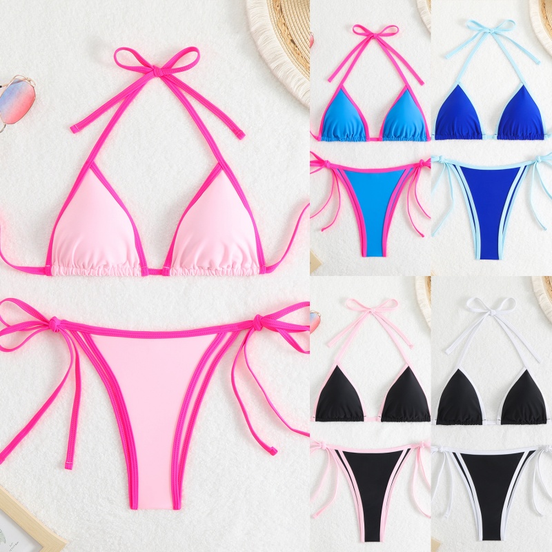 2025nou solid - Culori femeile\\sunt două sexy - Piesa Triunghi Color - Blocați bikini. Stil european și american cu cravate, potrivit pentru plajă și primăvară caldă QT25003 Preț:$79.99